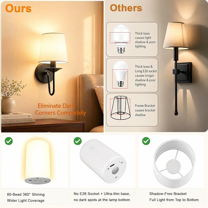 Rechargeable Wall Sconces Set of 2, 10000mAh Magnetic LED Bulb Wall Lights, 9 RGB Colors 3 CCT Dimmable, Battery Operated Cordless Wall Scone Lamp for Bedroom Living Room Home Decor