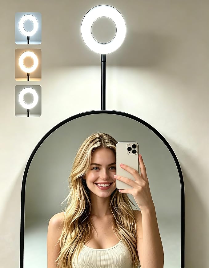 Suction Cup Makeup Lights for Full Length Mirror, Flexible Gooseneck Vanity Lights Stick on, Led Selfie Ring Light for Makeup Vanity Table & Bathroom Mirror, 3 Color & 10 Brightness, Plug in, Black