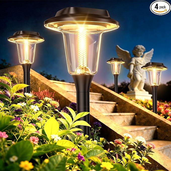 2026 New Solar Pathway Lights, 4 Pack Solar Lights Outdoor, Waterproof IP65, Upgraded Bright LED, Auto On/Off, Modern Garden Lights, Solar Powered Light for Yard, Lawn, Walkway, Driveway, Patio Decor