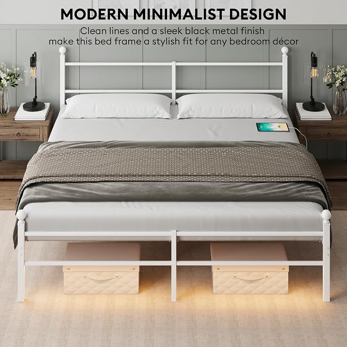 King Size Bed Frame with Headboard - Metal Platform Bed with LED Lights, Charging Station, Under Bed Storage and Heavy Duty Steel Slats Support - No Box Spring Needed, Easy Assembly, White