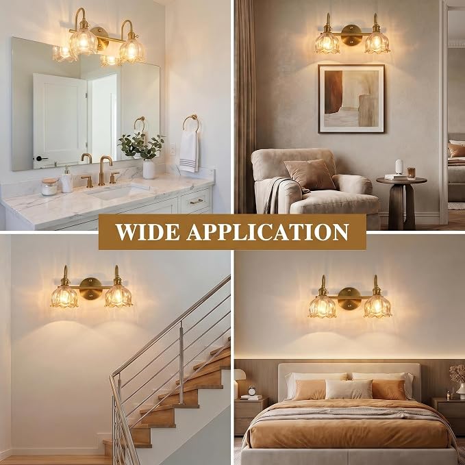 Bathroom Light Fixtures, 3-Light Brass Vanity Wall Light with Amber Tulip Glass Shades, Vintage Wall Sconce Over Mirror for Bathroom, Bedroom, Living Room (Bulbs Not Included) (Amber, 2-Light)
