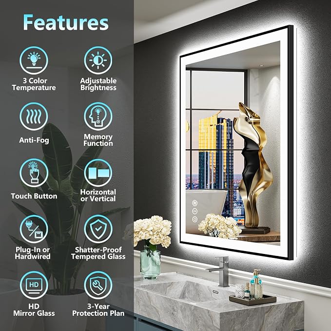 24x30 Black LED Bathroom Mirror, Backlit & Front Lit Lighted Mirror | Metal Framed Anti-Fog Vanity Mirror with Lights, 3 Color Dimmable, Memory, Tempered Glass, CRI95, IP54, Horizontal/Vertical