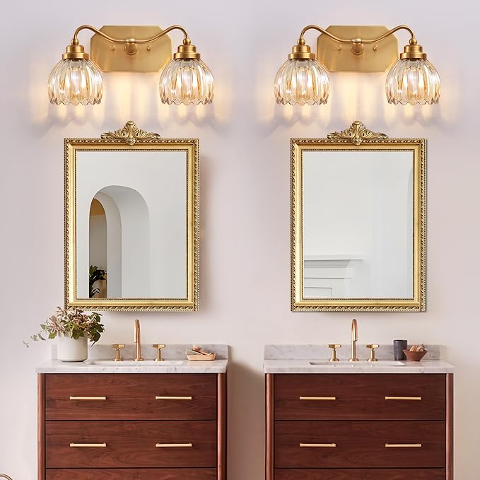 Vintage Gold 2-Light Vanity Lights, Tulip Crystal, Antique Brass Finish | Brushed Gold Bathroom Light Fixtures, Amber Wall Sconce Ideal for Bedroom, Living Room, E26 Compatible, Easy Install