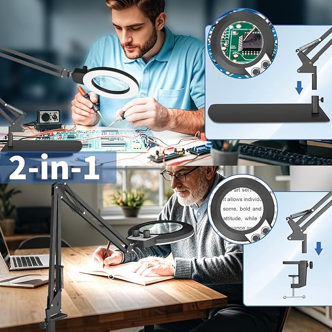 HITTI 12X Magnifying Glass with Light, 2026 New Upgrade Infinite Color and Stepless Dimming Desk Large Lamp & Clamp, 2-in-1 LED Hands Free Lighted Magnifier Stand for Crafting Hobby Soldering Reading