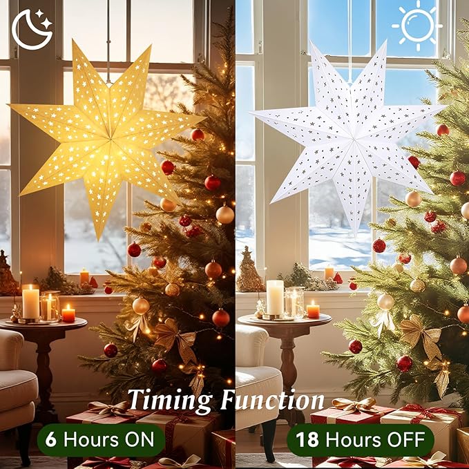 Lewondr Christmas Paper Star Lantern 3 Pack, Hanging 7-Pointed Star Lights with Hollowed Stars, LED Paper Lanterns with 6H Timer for Holiday Home Decoration, with Remote Control, Warm Light