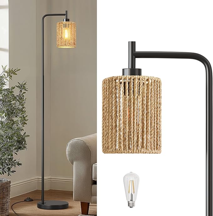 66" Black Floor Lamp for Living Room, Boho Floor Lamp with LED Bulb, Rattan Shade, Foot Switch, Industrial Tall Standing Lamp for Bedroom, Dining Room, Study Room, Office