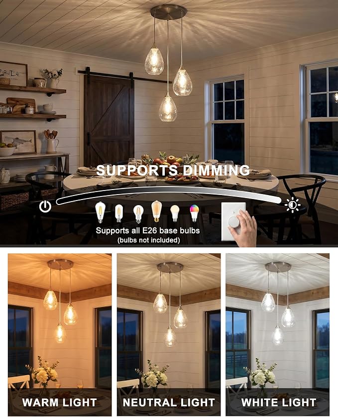 Brushed Nickel Dining Room Chandelier Light Fixture Over Table, Modern 3-Light Pendant Lighting with Hammered Glass, Cluster Hanging Lights for Kitchen Island Dining Room