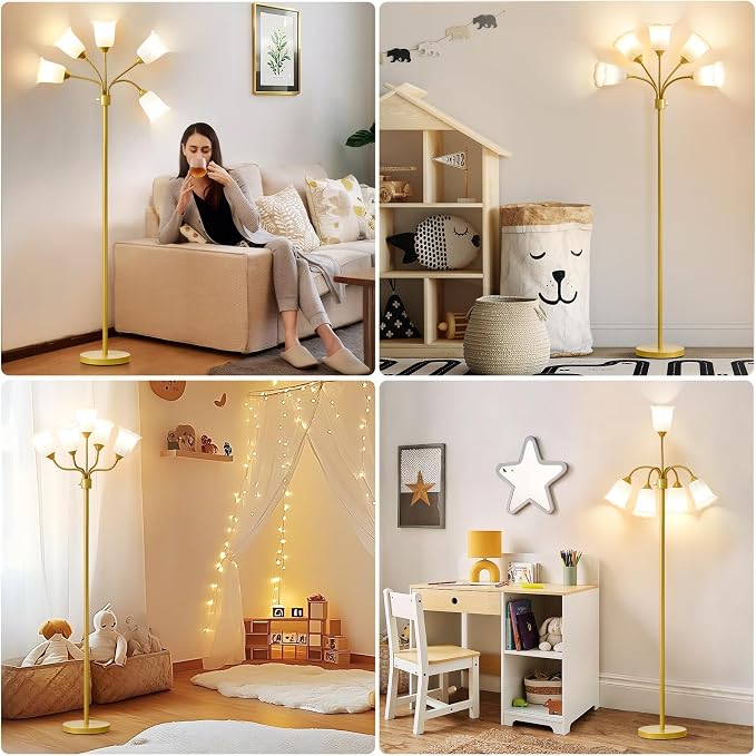 Medusa Floor Lamp, Multi Head Modern Tall Lamp with Adjustable Gooseneck Standing Gold Lamps for Living Room Kids Room&Bedroom-5 White Lampshades-Bulb Not Included