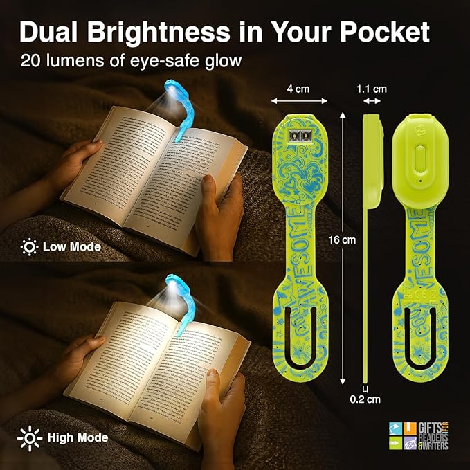 Gifts for Readers & Writers Rechargeable Book Light, Clip On Reading Light for Bed, 2in1 Flexilight & Bookmark, 12 Hours of Light Once Charged, Includes USB Cable & 2 LED Lights, Awesome
