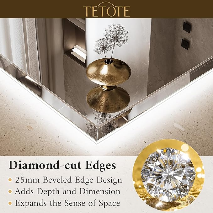 TETOTE 36 x 36 Square LED Mirror Backlit, Beveled Bathroom Mirror with Backlight, Safe Tempered Glass, 3 Color Temperature, Defogger, Dimmable, Smart Bathroom Mirror, Wall-Mounted Vanity Mirrors