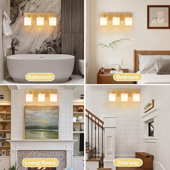 Modern Bathroom Light Fixtures Over Mirror, Vanity Lights for Bathroom Wall Sconces with Milky White Glass Shades, E26 Socket (Bulbs Not Included), 3 Light, Brass