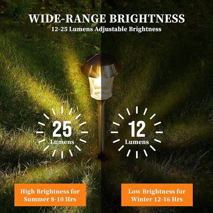 Solar Pathway Lights Outdoor, Landscape Lighting 4 Pack | Stainless Steel & Glas, 12-25 LM Dimmable, Auto On/Off, IP65 Waterproof, Outdoor Lights for Yard, Lawn, Walkway, Driveway