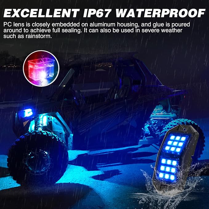 Nilight RGB LED Rock Lights Kit 4 PCS 18LED Wide Angle Wheel Well Light with Remote & Bluetooth App Dual Control Multi Modes Underglow Multicolor Neon Pod for ATV UTV SUV Offroad Truck RZR Boat