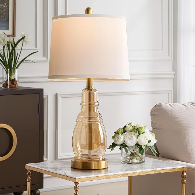 ROTTOGOON Glass Table Lamp Set of 2, Modern Table Lamps for Living Room Bedroom, Bedside Desk Lamps Vintage Nightstand Lamps with Linen Shades, 22", Champagne