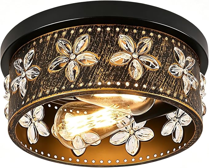 10.6 Inch Black Gold Flush Mount Ceiling Light Fixture | 2-Light, Flower, Farmhouse, Kitchen, Dining Room, Bedroom, Living Room, Foyer, Entryway