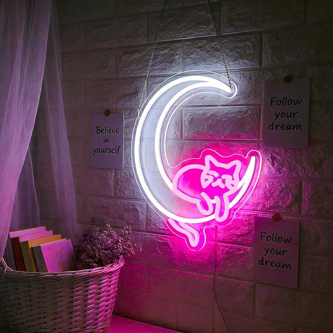 Moon Cat Neon Sign Girl Room Decor Led Neon Lights Signs for Wall Decor USB Powered Led for Room Decoration