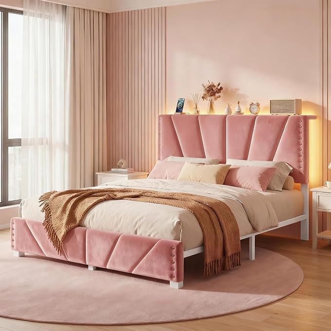EnHomee Full Size Bed Frame with LED Lights & USB, Noise-Free, Pink | Adjustable Velvet Headboard，Under-Bed Storage，Heavy Duty Support with 12 Slats，No Box Spring Needed，Easy Assembly for Bedroom