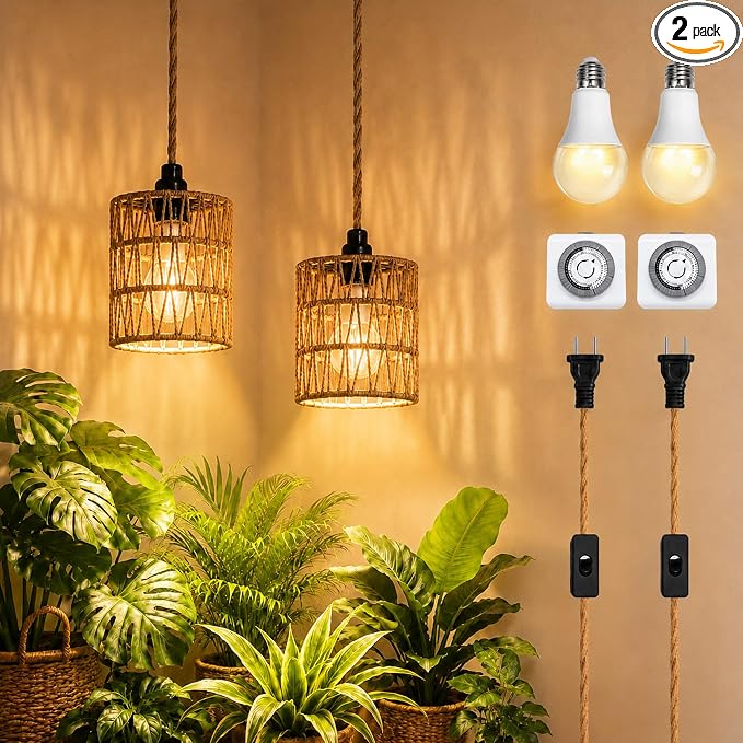 2 Pack Hanging Grow Lights for Indoor Plants Boho Rattan Plant Light | 15FT Power Cord with Timer, 15W Full Spectrum Pendant Plant Lights for Indoor Growing Greenhouse Flowers Home Decor