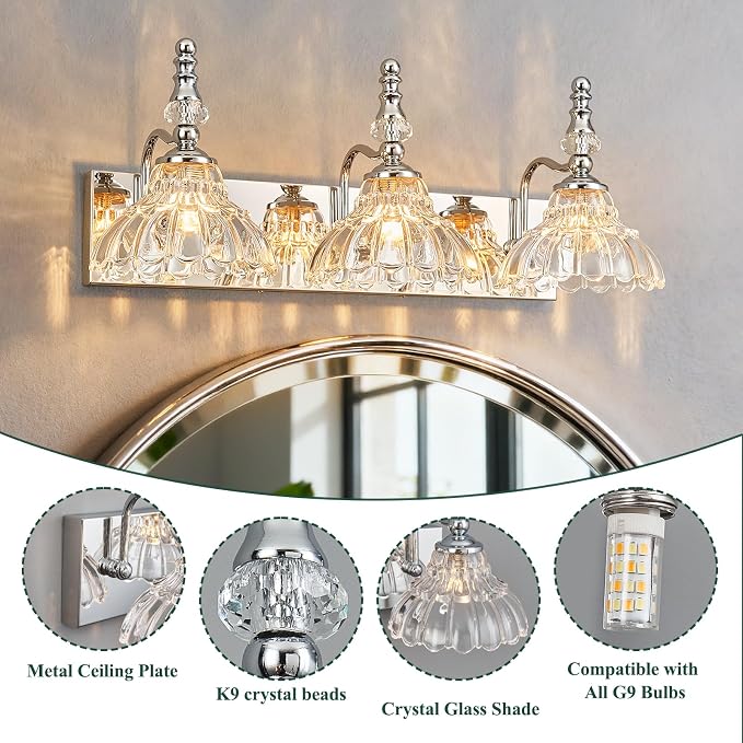 Vintage Bathroom Vanity Light, 3-Light Chrome Vanity Lighting Fixture with Flower Glass Shade, Bathroom Lighting Fixtures Over Mirror