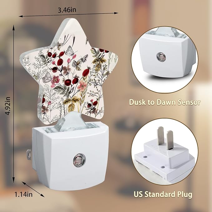 Vintage Flower Night Lights Plug into Wall with Dusk to Dawn Sensor,Lamp for Bedroom Bathroom Hallway Nightlight for Women Girls