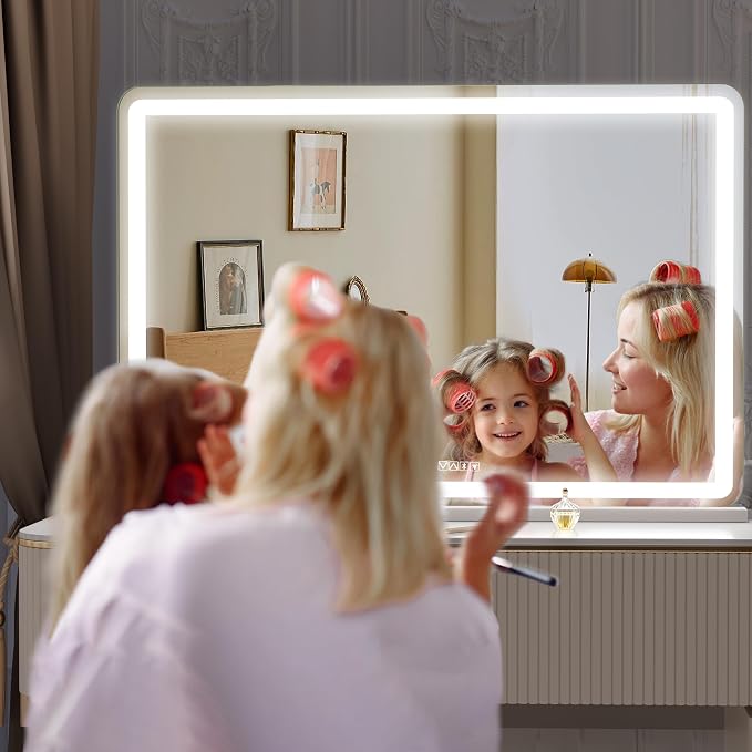 Hasipu Vanity Mirror with Lights and Bluetooth Speaker, 37.4" x 25.6" LED Makeup Mirror, Lighted Makeup Mirror with Dimmable 3 Modes, Touch Screen Control Vanity Mirror Round White