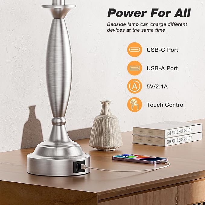 Bedroom Lamps for Nightstand, 3 Way Dimmable Silver Bedside Lamps with USB | Touch, USB C+A Ports, Bulb Included, Grayish-white Shade, Silver, Chrome, Bed Side lamps for Night Stands, Living Room