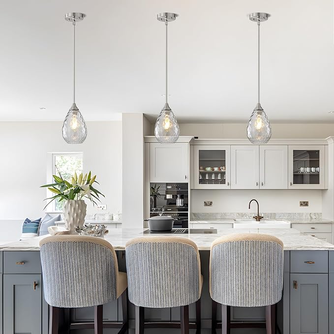 Glass Pendant Lights Kitchen Island, 1-Light Modern Brushed Nickel Pendant Light Fixtures with Hammered Glass and Rods, Small Hanging Light for Kitchen Sink Dining Room Bathroom