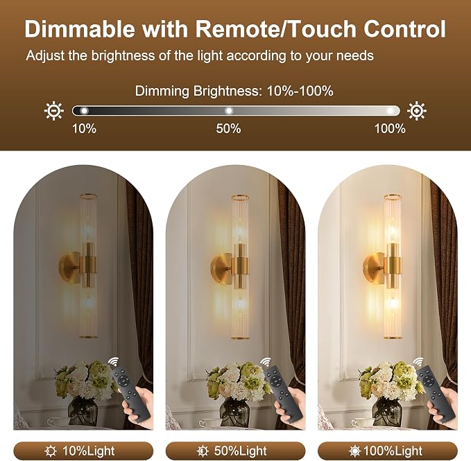Morauroral Brushed Gold Battery Operated Wall Sconce, Dimmable Rechargeable Wall Light with Remote, Touch Control, Modern LED Wireless Sconce for Living Room, Bedroom, 20 Inch