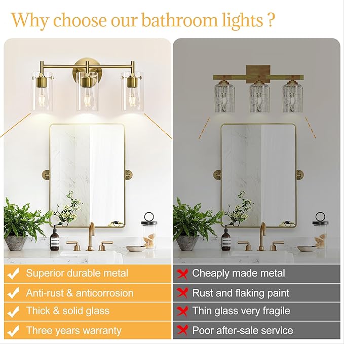 Bathroom Light Fixtures, 3-Light Brass Vanity Light, Black Bathroom Lights Over Mirror with Clear Glass Shade, Wall Sconces for Mirror Bedroom Living Room Hallway