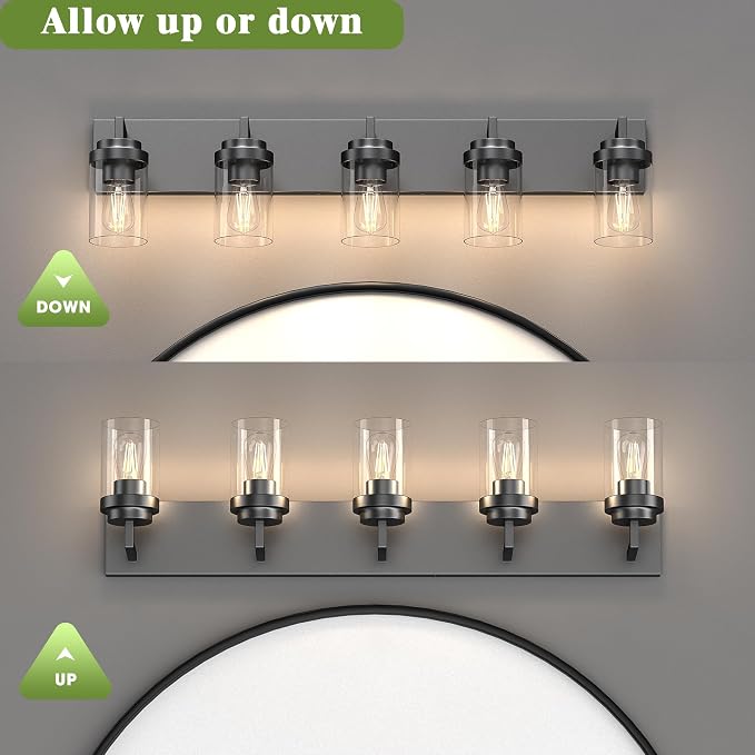Modern 5-Light Black Bathroom Vanity Light with Clear Glass Shade, 37.4 x 4.7 x 6 inches