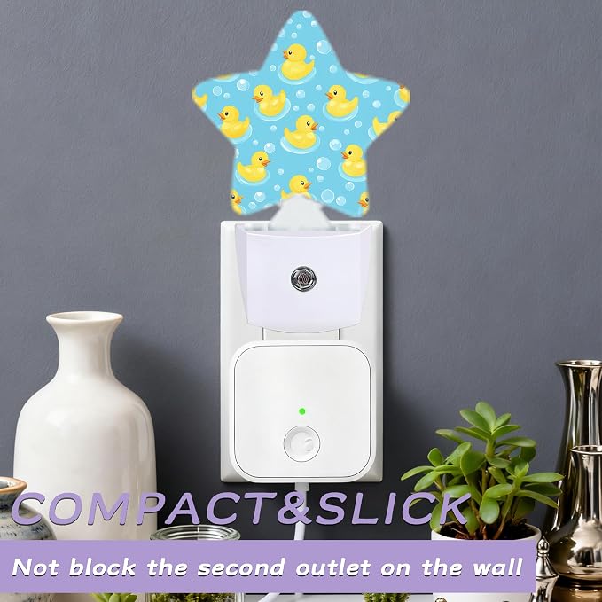 Cute Rubber Ducks Decorative Nightlight Plug in Wall,Bubbles Star Shaped Night Light with Built in Sensor for Home Decor,Kitchen Hallway Stairs Desk Lamp