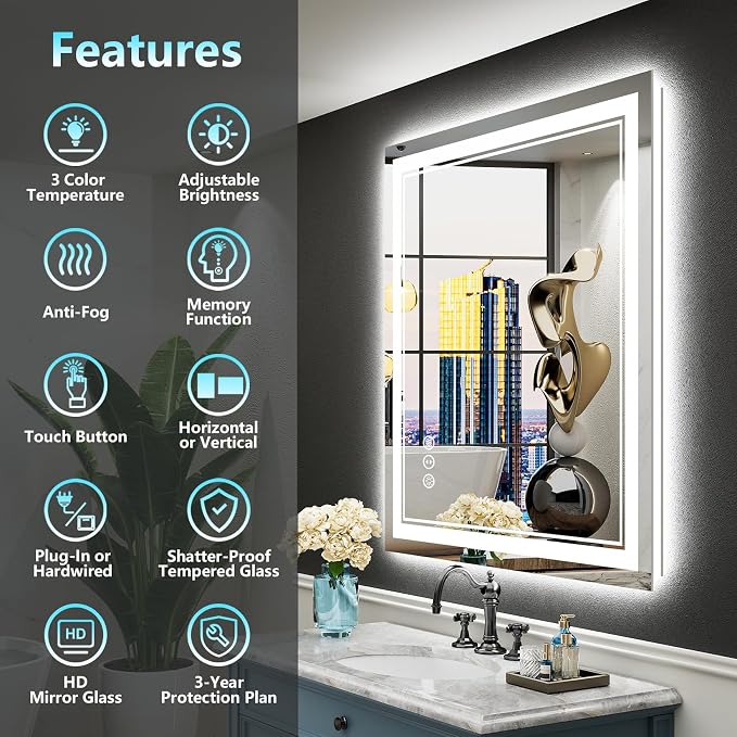 28x36 LED Bathroom Mirror, Backlit & Front Lit Lighted Mirror | Anti-Fog Vanity Mirror with Lights, 3 Color Dimmable, Memory, HD Tempered Glass, CRI95, IP54, UL Listed, Horizontal/Vertical