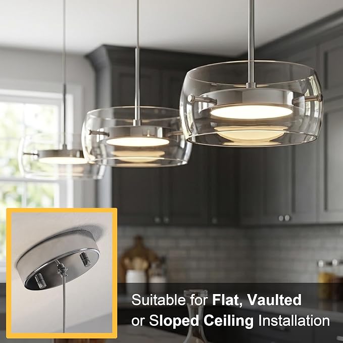 Modern Pendant Lights Kitchen Island, Dual-Sided LED 3-CCT Dimmable Glass Hanging Lighting Fixture, Adjustable Cable for Dining Room, Bar, Over Table, Sloped Ceiling Chrome Silver