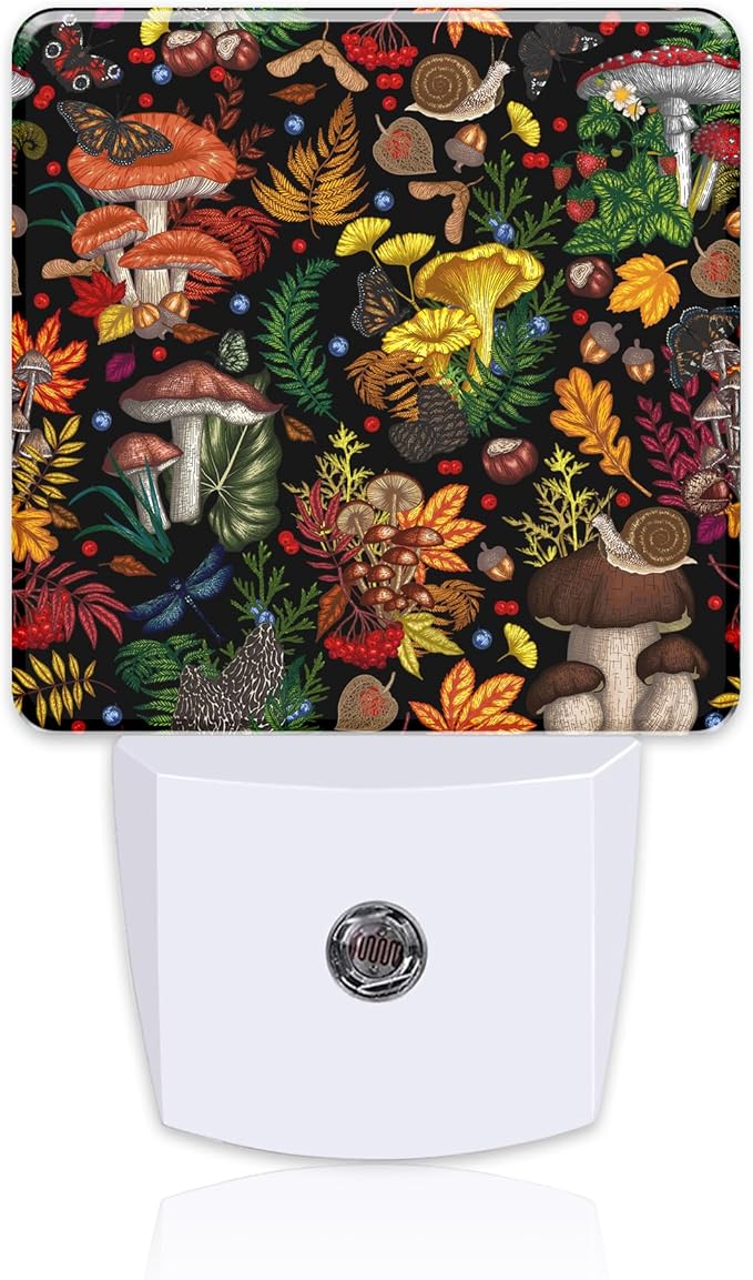 Forest Plants and Mushrooms Night Light Plug into Wall,Butterfly Snail Berries Leaves Dusk to Dawn Night Light,0.5w Energy Saving Sleep Friendly Nightlights for Kids Boys Girls Home