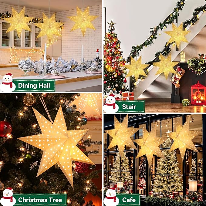 Lewondr Christmas Paper Star Lantern 3 Pack, Hanging 7-Pointed Star Lights with Hollowed Dots, LED Paper Lanterns with 6H Timer for Holiday Home Decoration, with Remote Control, Warm Light