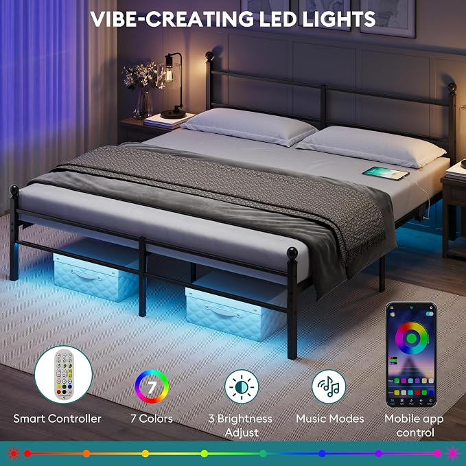 King Size Bed Frame with Headboard - Metal Platform Bed with LED Lights, Charging Station, Under Bed Storage and Heavy Duty Steel Slats Support - No Box Spring Needed, Easy Assembly, Black
