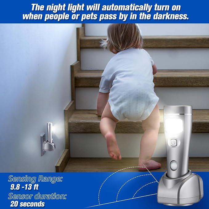 Enhon 3 Pack 4 in 1 LED Emergency Lights for Home Power Failure,Silver | Rechargeable plug-in flashlight, motion sensor night light, auto turn-on during blackout, hurricane supplies