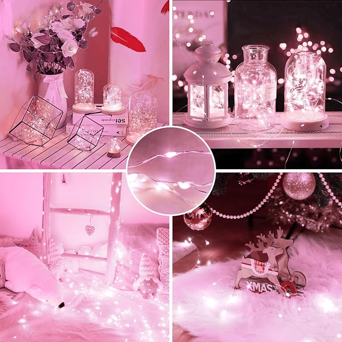 4 Pack Fairy Lights Battery Operated Twinkle Lights Remote Pink | Total 132FT 400LED String Light, Timer & 8 Modes, Memory, Dimmable, Waterproof Battery Lights Indoor Outdoor Valentine Decor
