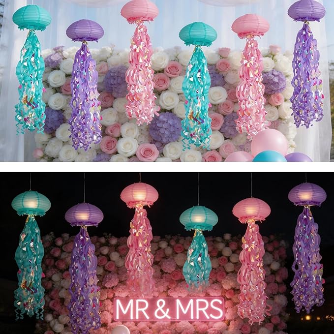 Jellyfish Paper Lanterns with LED Lights Set of 6, Lilac/Pink/Turquoise Oval Hanging Floating Decorations for Under The Sea Party Mermaid Birthday Ocean Classroom Beach Room Aesthetic