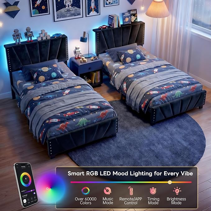 EnHomee Twin Bed Frame with LED Lights & USB, Noise-Free, Black | Adjustable Velvet Headboard，Under-Bed Storage，Heavy Duty Support with 12 Slats，No Box Spring Needed，Easy Assembly for Bedroom
