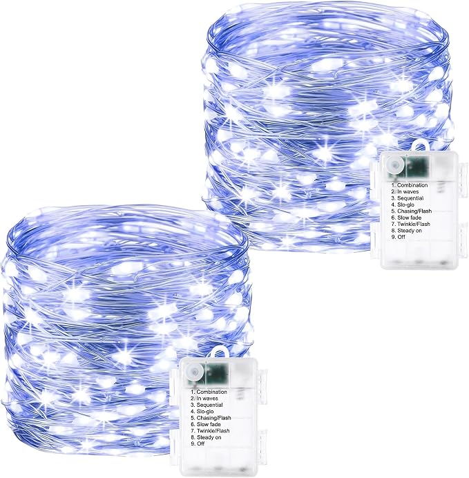 2 Pack Fairy Lights Battery Operated - 16.4ft 50 LED White | Starry Fairy Lights , 8 Modes Waterproof with Timer for Indoor Outdoor Bedroom Party Holiday Christmas Decor, Copper Wire