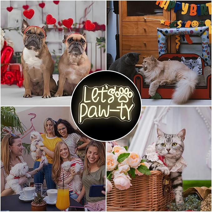 Lets Pawty Neon Sign Party LED Neon Lights Dimmable Cat Dog Party Birthday Neon Lights for Wall Decor Pet LED Signs for Dog Birthday Party Light Up Sign Home Wall Pet Party Decorations
