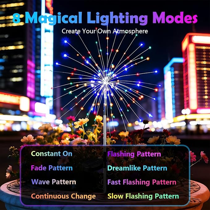 6-Pack Solar Firework Lights for Outside Waterproof Garden Fairy Lights | Adjustable 32"-51" tall, 200 LED stainless steel stake starburst lights with 8 modes for pathway patio decorations.
