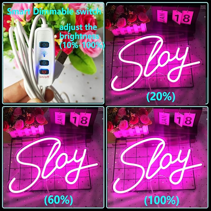Preppy Lights Slay Dimmable Pink Neon Led Light Sign for Wall Decor 15.7''*9.4'', Bedroom, Living Room, Salon, Party Decor