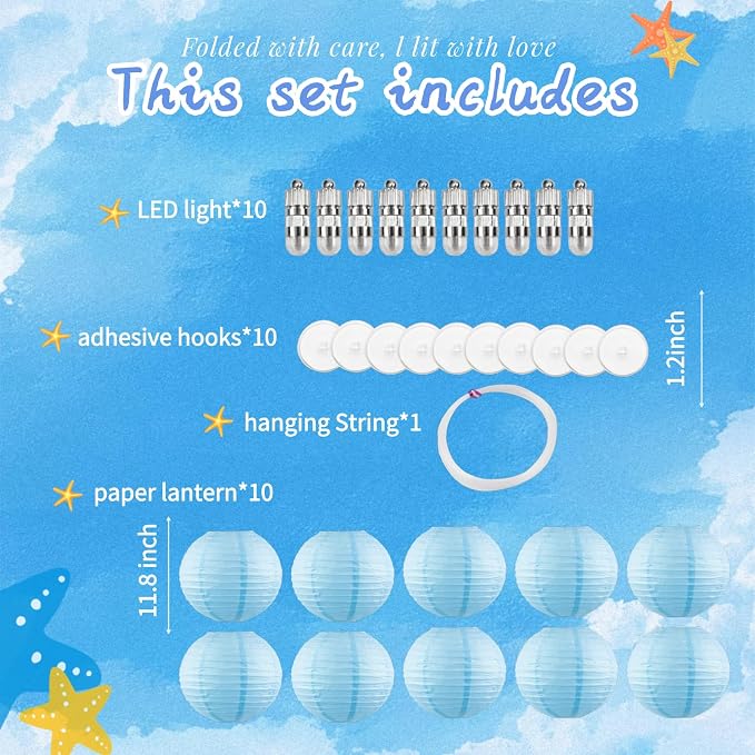 Light Blue Chinese Paper Lanterns with LED Lights, 10-Pack 12in | Hanging Lights for Gender Reveal, Beach Party, Birthday Decorations, Ceiling Decor & Home Party