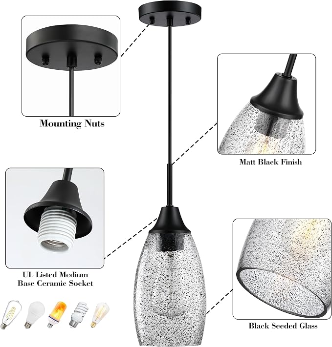 Viinew Mini Glass Pendant Light,1-Pack Black Seeded Glass Pendant Light | Handblown Grey Seeded Art Oval Glass Shade Adjustable Cord Lamp Ceiling Pendant Light Fixture for Kitchen,Dining,Bedroom