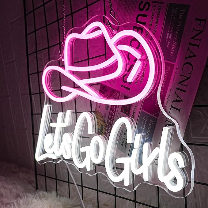 Let's Go Girls Neon Sign Pink White Cowboy Hat Neon Signs Letter Led Light up Cowboy Hat Neon Sign for Wall Decor Dimmable USB Powered for Cowboy Bar Bedroom, Livingroom Christmas Birthday
