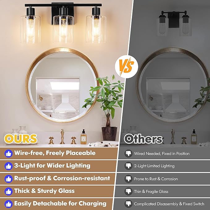 Battery Operated Wall Sconce, 3-Light Black Wireless Rechargeable Vanity Light Fixture with Remote & Bulbs, Dimmable Modern Indoor Non-Hardwired Wall Mounted Lamp for Bedroom, Living Room, Bathroom