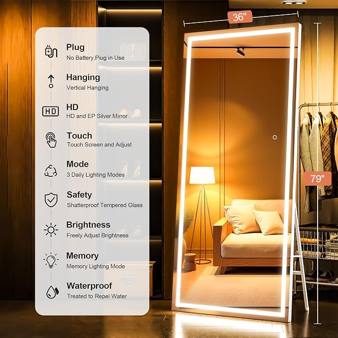 79" x 36" Full Length Mirror with Lights, LED Lighted Floor Standing Body Mirror, Dimmable & 3 Color Lighting for Bedroom, Cloakroom, Dressing Room, Tempered Glass, White Frame