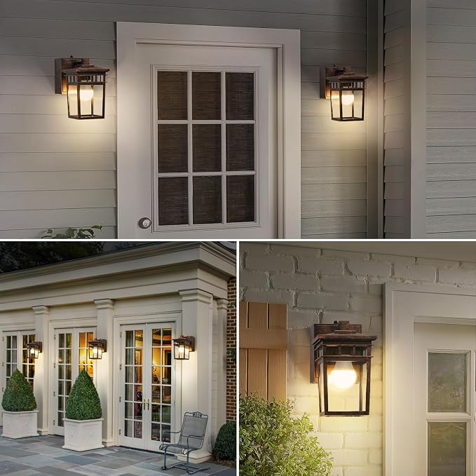 Dusk to Dawn Outdoor Lighting, Porch Light with GFCI Outlet and LED Bulb | Exterior Wall Fixture with Clear Glass Shade, Waterproof Outside Lights for House Garage Front Door, Antique Bronze